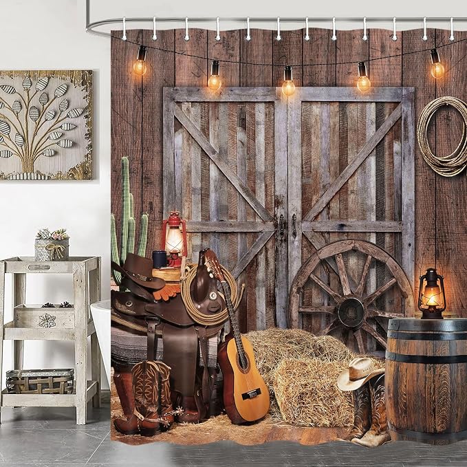 Rustic Barn Door Shower Curtain Set, Western Cowboy Shower Curtains, Farmhouse Country Cactus Shower Curtains for Bathroom, Farm Wooden Vintage Fabric Bathtub Decor Accessories with Hooks, 48X70IN