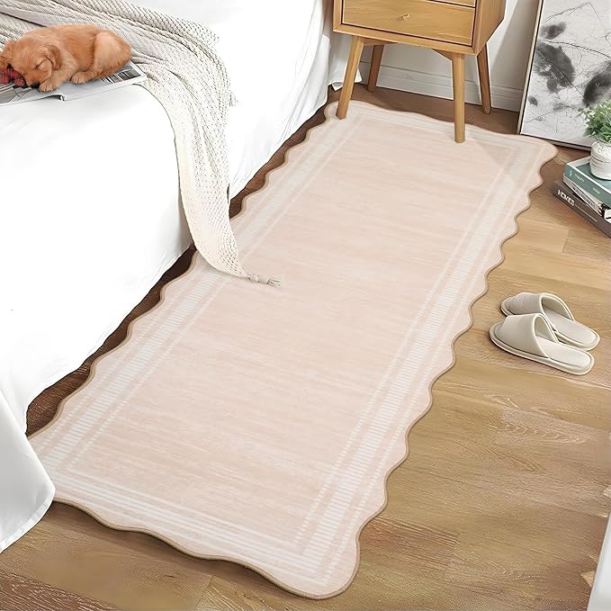 Garvee Washable Runner Rug 2x6 Solid Scalloped Kitchen Runner Natural Ivory | Modern Long Runner Rug for Entryway Bedroom, Non Slip Low Pile Solid Runner Rugs for Entryway, Nursery Rugs Runner