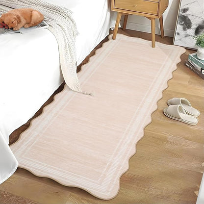 Garvee Washable Runner Rug 2x6 Solid Scalloped Kitchen Runner Natural Ivory | Modern Long Runner Rug for Entryway Bedroom, Non Slip Low Pile Solid Runner Rugs for Entryway, Nursery Rugs Runner