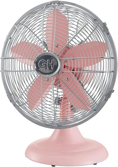Good Housekeeping 92606 All-Metal 12" Retro Desk Office Table Fan with Wide Oscillation, 3-Speed Settings & Carrying Handle, Pink