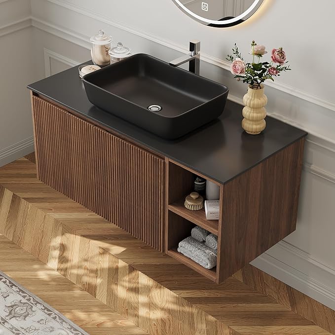 36" Modern Floating Bathroom Vanity with Single Sink - Wall Mounted Storage Bathroom Cabinet with Black Sintered Stone Countertop| Large Storage Space & Open Shelves, Dark Wood