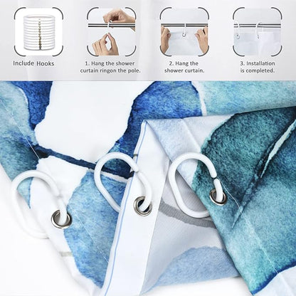 Blue Eucalyptus Leaf Long Shower Curtain, Blue Botanical Watercolor Plants Bathroom Curtain Bathtub Home Decor Waterproof Fabric Machine Washable with 12 PCS Hooks,72" Wx84 L
