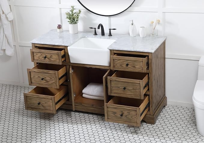 60" Pre-Assembled Bathroom Vanity with Sink, Solid Birch and MDF, Carrara White Marble Countertop Attached, Single Rectangle Porcelain Sink, 6 Soft-Close Drawers, Driftwood