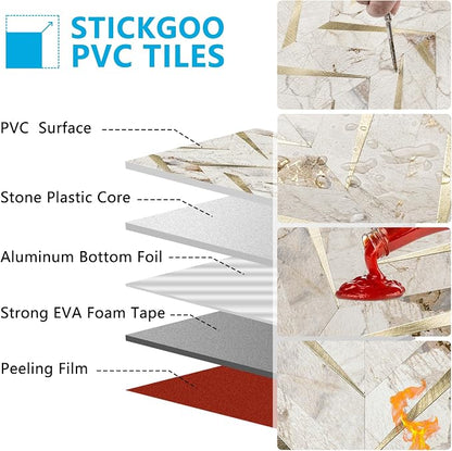 STICKGOO Herringbone Tile Peel and Stick Backsplash for Kitchen&Bathroom | 10-Sheet Self Adhesive Wall Tiles, Polished Pandora Marble Mixed Metal Gold PVC Stick on Backsplash Tile for Kitchen
