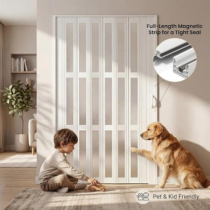SmartStandard 48" x 80" Accordion Doors with Frosted Acrylic Glass, White | Save Space, Full-Side Magnetic Strip, Double-Layer PVC Accordion Doors Interior for Doorway Closet, Easy to Assemble