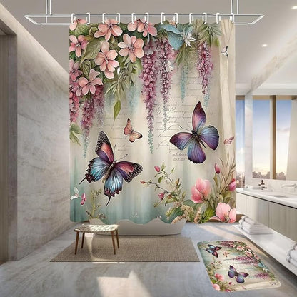Chrainy 4pcs Spring Butterfly Shower Cutain Set Bathroom Decor with Rugs | Bath Accessories with Waterproof Curtain, Bath Mat, Toilet Lid Cover, U-Shaped Rug and 12 Hooks for Washroom, 71*71in
