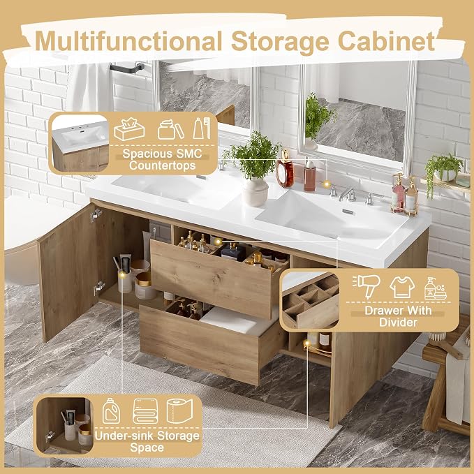 60 Inch Floating Double Bathroom Vanity with Sinks,Wood Farmhouse Double Sinks Bathroom Vanity with Soft-Closing Doors and Drawers,Wall Mounted,Industrial Style (Natural Wood A)