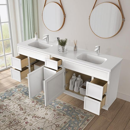 HomeBeyond 84 Inches Bathroom Vanity Base Cabinet Without Sink, Double Sink Top with Door & Soft Closing Drawers, Sturdy Floor Mounted Cabinet 2-Door 7-Drawer, White