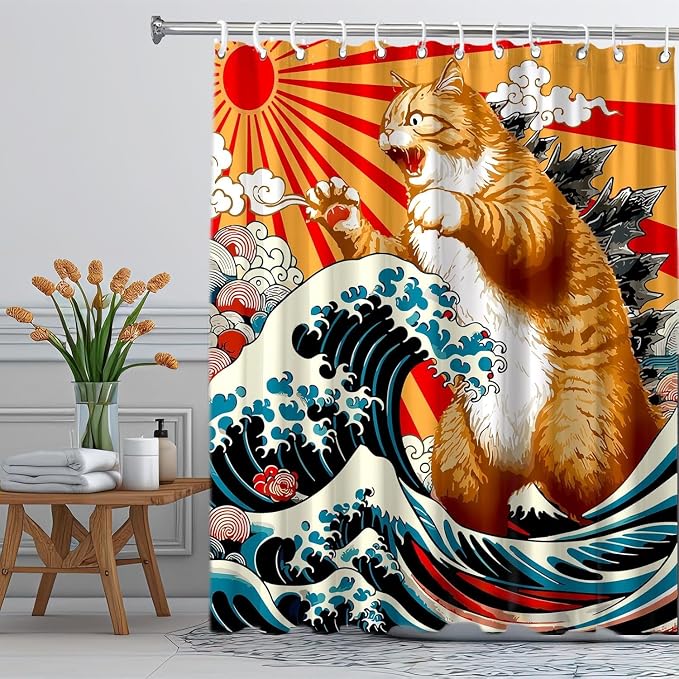 Funny Japanese Cat Shower Curtain, Vintage Orange Cat Japan Anime Ocean Wave Waterproof Shower Curtain with Hooks, Funky Animal Sun Fabric Shower Curtains Kids Bathroom Decor 60X72inches