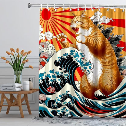 Funny Japanese Cat Shower Curtain, Vintage Orange Cat Japan Anime Ocean Wave Long Shower Curtain with Hooks, Funky Animal Sun Fabric Shower Curtains Kids Bathroom Decor 72X78inches