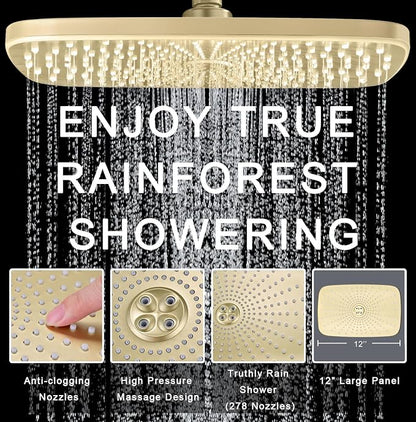 12" High Pressue Rain Shower Head with Handheld, 9 Sprays Hand Showerhead | Shower Heads with Handheld Spray Combo, Dual Head, Built-in Magnetic Docking, Power Jets, 59" Shower Hose, Gold 1.75GPM