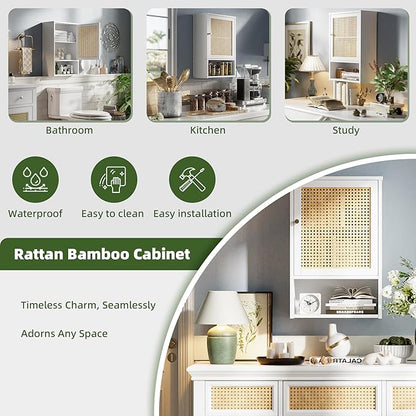 Bathroom Wall Cabinet, Bamboo Over-The-Toilet Storage Organizer with Rattan Doors and Adjustable Shelf, Space Saver Medicine Cabinet for Laundry, Kitchen, Living Room (White)