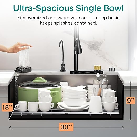 SereneLife Stainless Steel Kitchen Sink | Undermount & Drop-In Installation |13 Gauge & 30"L x 18"W x 9"H IN | Includes Faucet, Drain Rack, Strainer Basket, Cutting Board & Cup Washer | Black