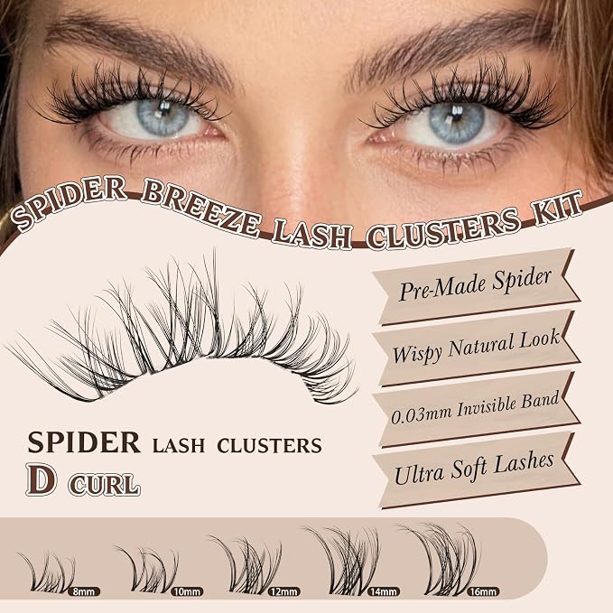 JMS&JMS Spider Lash Clusters Kit Breeze Wispy Eyelash Clusters Kit Natural Invisible Band D Curly 8-16mm Spider Lashes Kit