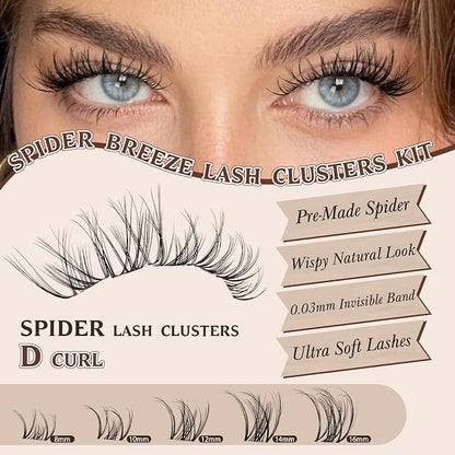 JMS&JMS Spider Lash Clusters Kit Breeze Wispy Eyelash Clusters Kit Natural Invisible Band D Curly 8-16mm Spider Lashes Kit