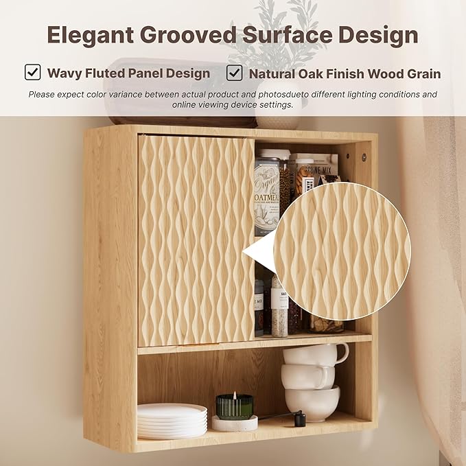 Bathroom Wall Cabinet, Modern Medicine Cabinet with Sliding Door, Storage Cabinet Wall Mounted for Kitchen Dining Room Living Room, Natural Oak