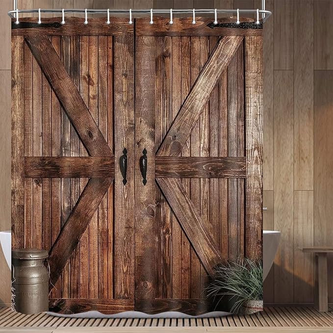 Rustic Barn Door Shower Curtain for Bathroom, Retro Countryside Wood Board Bathroom Decor Curtain Sets,Art Vintage Famhouse Western Bath Curtains RV Shower Curtains with Hooks 60X70IN