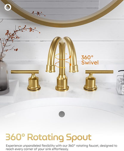 WOWOW Gold Bathroom Faucet 3 Hole Bathroom Sink Faucet Widespread Vanity Faucet 2 Handle Brass Basin Faucet with Pop Up Drain 8 Inch Mixer Tap Antique