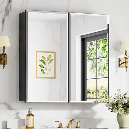 30x30 Inch Medicine Cabinet with Mirror, Aluminum Bathroom Mirror Cabinet, Beveled Edge Mirrored Double Door, Adjustable Shelves, Surface or Recessed Mount Mirrors with Storage,Black