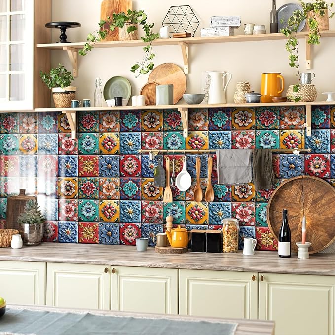 Tile Decals with Vibrant Flower Designs, 6X6IN-12 Pcs | 1.6mm-Thick FOAM+PE Tiles,Strong Adhesive, Waterproof Sticker Decals for Kitchen,Bathroom,Cabinets