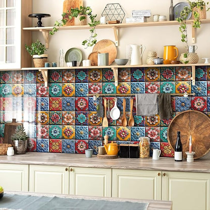 Tile Decals with Vibrant Flower Designs, 6X6IN-24 Pcs | 1.6mm-FOAM+PE Tiles,Strong Adhesive, Waterproof Sticker Decals for Kitchen,Bathroom,Cabinets