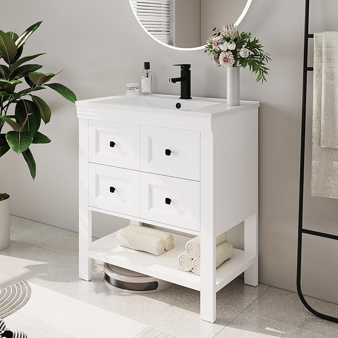 eclife 30" Bathroom Vanity with Sink Combo, Modern Painted Vanities Cabinet with Big Drawers, Opening Bottom Shelf, Raised Foot Pads, Include Undermount White Sink, Faucet & Drain, White
