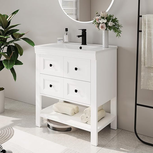 eclife 30" Bathroom Vanity with Sink Combo, Modern Painted Vanities Cabinet with Big Drawers, Opening Bottom Shelf, Raised Foot Pads, Include Undermount White Sink, Faucet & Drain, White