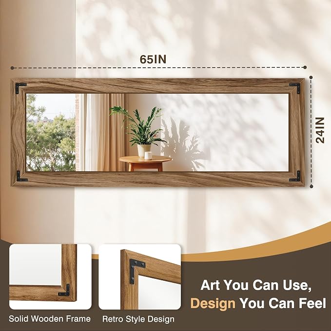 FICTOR Full Length Mirror, 24" x 65" Wooden Floor Mirror for Wall | Solid Wood Frame, Rustic Farmhouse Style, Shatterproof Glass, for Bedroom, Living Room, Entryway Decor, Leaning/Hanging
