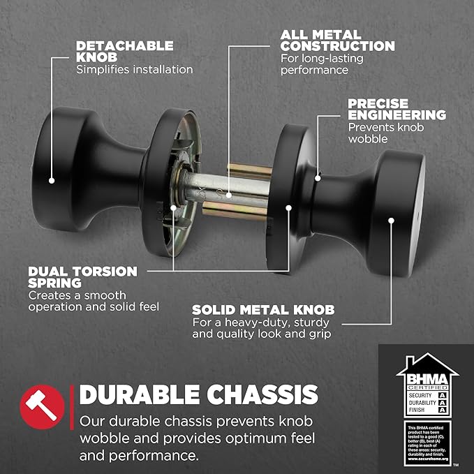 Kwikset Pismo Privacy Locking Door Knob, Interior Handle with Keyless Lock for Bedroom and Bathroom Doors, with Round Rose, Featuring Microban Protection in Matte Black (Pack of 4)