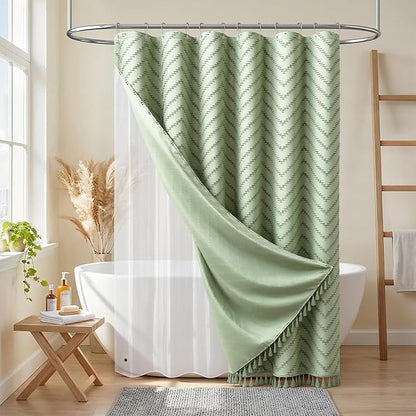 Dynamene Short Shower Curtain and Liner Set - 72 x 70 inch Boho Shower Curtain and Waterproof Clear Liner, Tufted Chevron Striped Tassel Shower Curtains for Bathroom, 12 Hooks, 72x70, Sage Green
