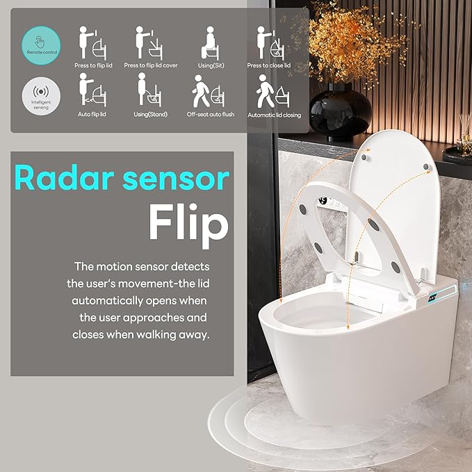 Smart Wall Hung Toilet Combo,Auto Flush, Auto Open/Close LId,Heated Seat,Warm Water/Dryer, Modern Elongated Bidet Toilet with In wall Carrier (No need to buy an additional Water Tank)