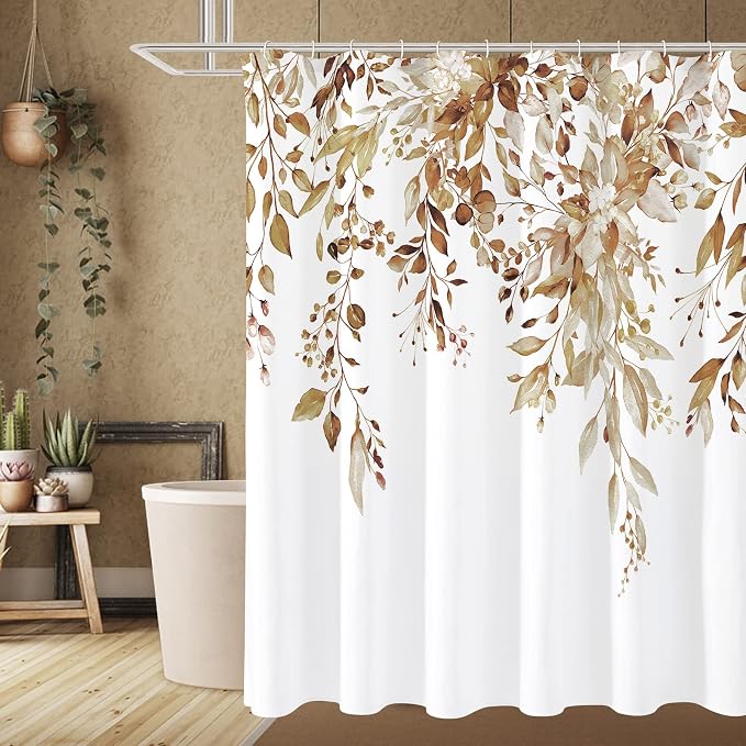 Brown Eucalyptus Shower Curtain, Watercolor Floral Print, 72x84 | Watercolor Plant Leaves Floral Print, Extra Long Waterproof Fabric Bathroom Decor, Machine Washable, Rustproof Grommets