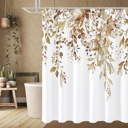 Brown Eucalyptus Shower Curtain, Watercolor Floral Print, 72x84 | Watercolor Plant Leaves Floral Print, Extra Long Waterproof Fabric Bathroom Decor, Machine Washable, Rustproof Grommets