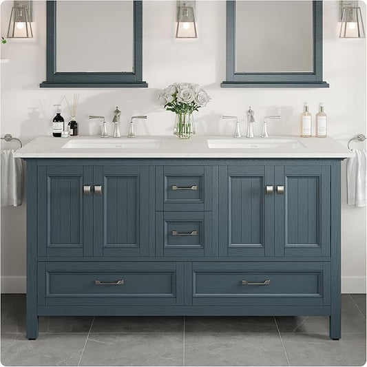 Eviva Britney 60 in. Ash Blue Double Sink Bath Vanity with Carrara Quartz Top and Undermount Porcelain Sinks