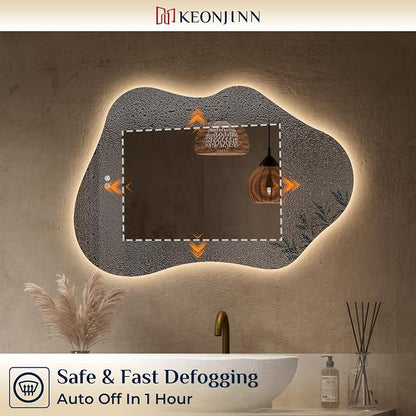 Keonjinn 48 x 30 Inch Irregular Backlit Bathroom Mirror, HD Tempered Glass | Asymmetrical Cloud LED Bathroom Mirror, 3000K/4500K/6000K, Dimmable, Fast & Safe Defog, Memory Function, Plug-in/Hardwired