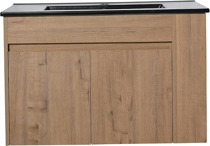 Goujxcy 30" Wall Mounted Bathroom Vanity with Sink, Modern Floating Bathroom Cabinet with Black Ceramic Basin and Storage Cabinet/Shelf, Soft-Closing Door Wood Hanging Bath Room Cabinets