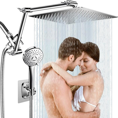 12 Inch Rain Shower Head Combo,5 Spray Handheld with 16" Extension Arm | High Pressure Rainfall Showerhead with Flexible Adjustment of Height/ Angle Upgraded Extender Arm, Anti-leak (Chrome)