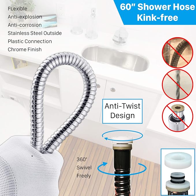 RV Shower Head with Hose, High Pressure Shower Head with Handheld On Off Switch, Travel Trailer, Motorhome and Boat and Camper Must Have RV Accessories Replacement Part, Chrome and White