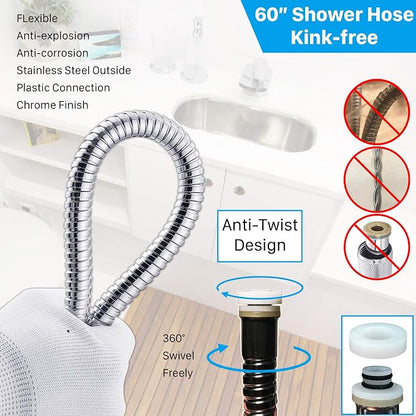 RV Shower Head with Hose, High Pressure Shower Head with Handheld On Off Switch, Travel Trailer, Motorhome and Boat and Camper Must Have RV Accessories Replacement Part, Chrome and White