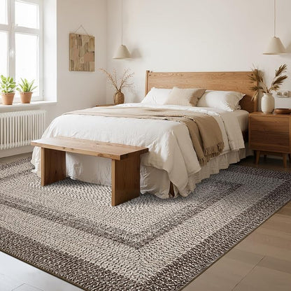 Imitation Braided Collection-Print 4x6 Bedroom Washable Area Rug Dining Room Throw Carpet with Non Slip Rubber Backing, Farmhouse Soft Low Pile Rustic Accent Rug for Living Room Home Decor