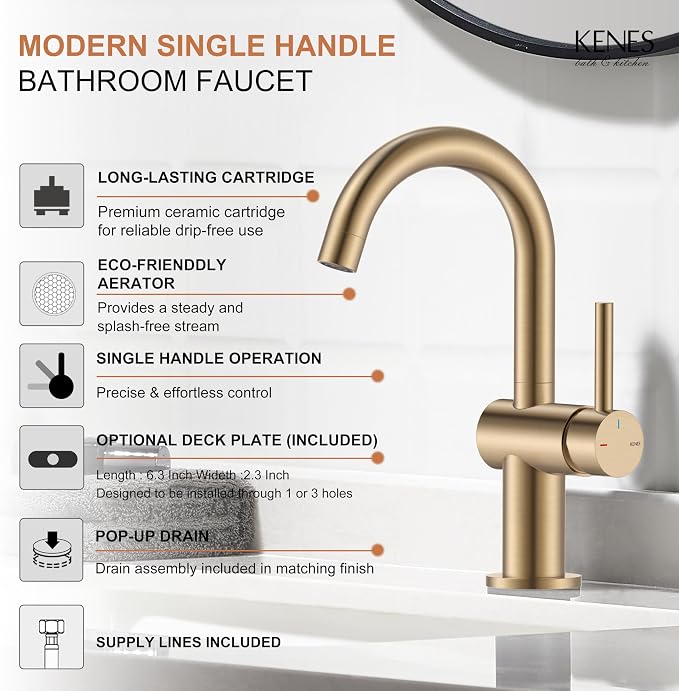 Champagne Bronze Bathroom Faucet 1 Hole, Single Handle Vanity Faucet | Bathroom Sink Faucet with Pop Up Drain & 6 Inch Deck Plate, Lead-Free cUPC & NSF Certified, 1 Handle Faucet for Vanity RV Bar