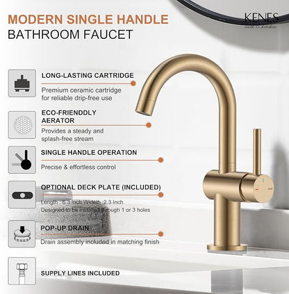 Champagne Bronze Bathroom Faucet 1 Hole, Single Handle Vanity Faucet | Bathroom Sink Faucet with Pop Up Drain & 6 Inch Deck Plate, Lead-Free cUPC & NSF Certified, 1 Handle Faucet for Vanity RV Bar