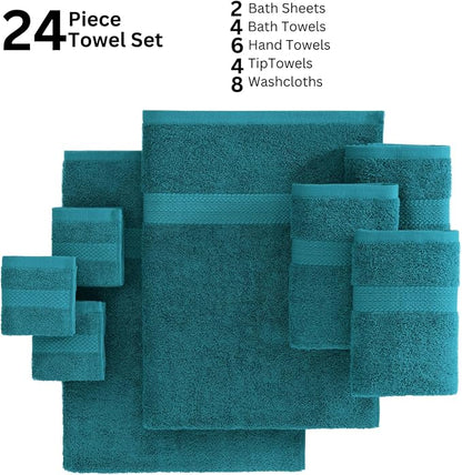 LANE LINEN Bath Towel Set 100% Cotton 24 Piece Soft Absorbent - Sea Port | Bath Towels Large Set -, Terry Weave Comfort, Soft & Long-Lasting, Hotel-Style Look, Machine Washable