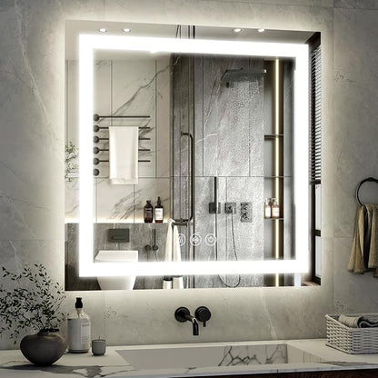 XRAMFY 36"X36"LED Bathroom Mirror, Backlit + Front Lit Wall Mirror | LED Bathroom Mirror with Lights for Wall, 3 Colors, Anti-Fog, Dimmable Brightness, Tempered Glass