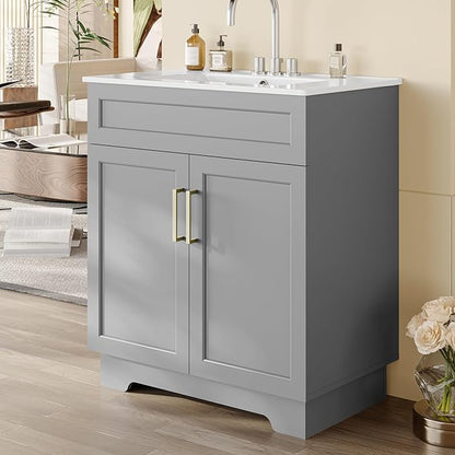 OLD CAPTAIN Bathroom Vanity with Ceramic Sink, 30" Freestanding Bathroom Quick Assembly Vanity Cabinet with Storage, Grey