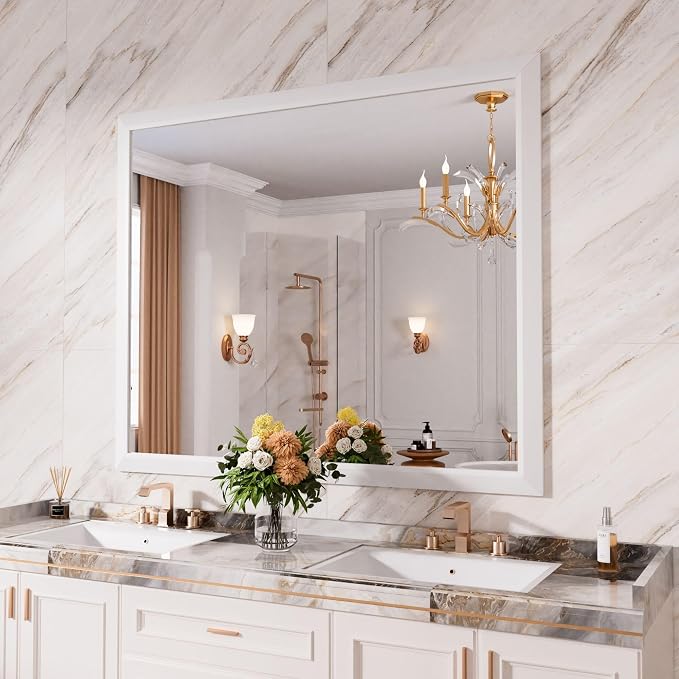 Bathroom Mirror for Wall, 48x40 Inch (White) | HD Reflection, Tempered Glass, Thick Metal Framed Rectangle Mirrors for Over Sink, Vanity, Bedroom, Living Room, Entryway.