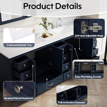WELLFOR 84 Inch Bathroom Vanity with Double Sinks, Bathroom Freestanding Vanity W/4 Soft-Close Doors and 14 Drawers, Large Storage Space Vanity, Cultured Marble Countertop Vanities (Navy Blue)