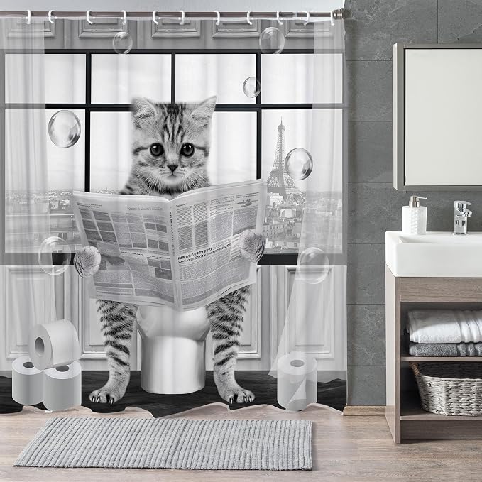Cute Cat Shower Curtain, Funny Cat Reading on Toilet Shower Curtain Set, Black White Grey Fabric Shower Curtains for Kids Bathroom with Hooks 72X72inches