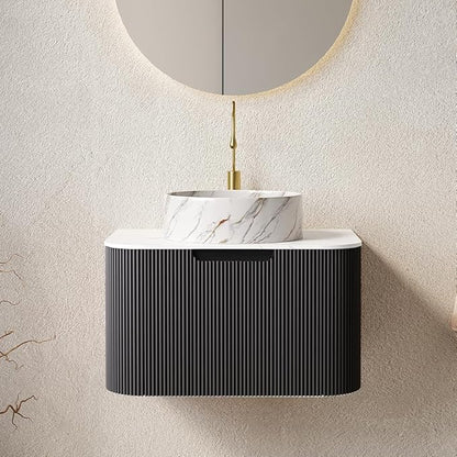 24'' Bathroom Vanities Cabinet with Sink Combo, Wall Mounted Floating Cabinet W/Curved Edges Stripes, Oak Plywood, Soft-Close System with a Drawer, White Round Ceramic Basin - Kiel, Black/S