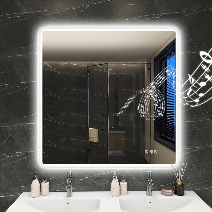 S'bagno 36"x36" LED Bathroom Mirror with Lights, Bluetooth Speaker, Anti-Fog & Waterproof, Dimmable Wall Mirror with Touch Control, 3 Light Colors, Vertical or Horizontal